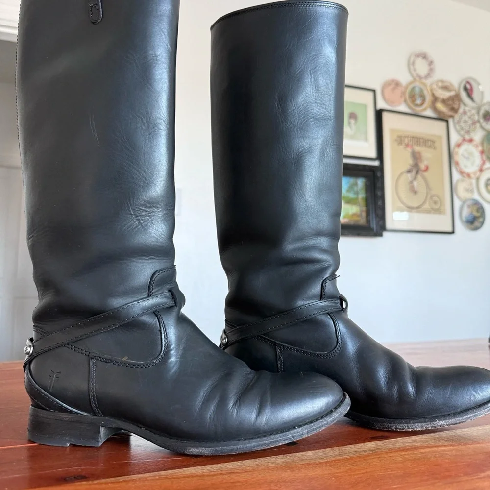 Frye Black Leather Knee-High Riding Boots
